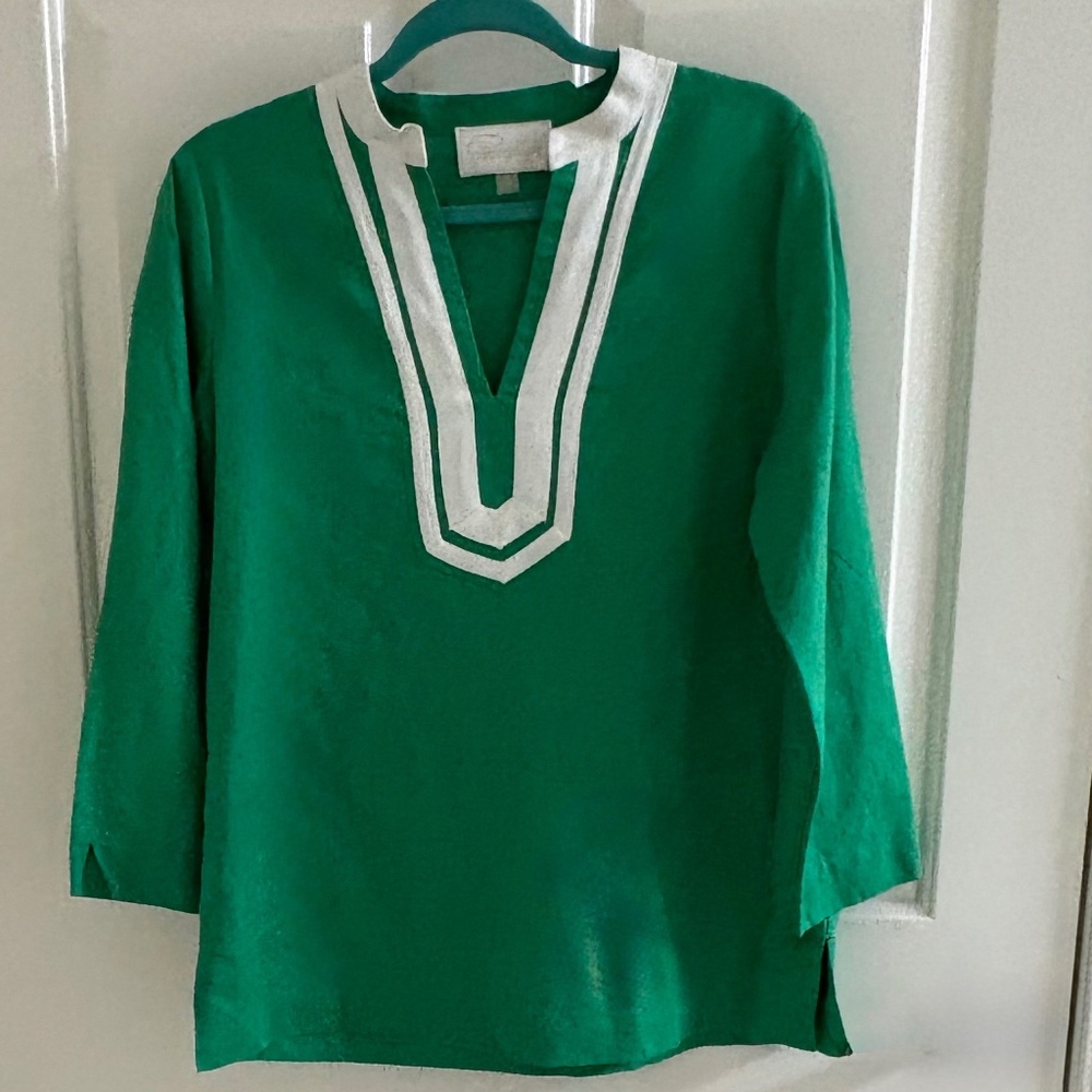 Cappagallo Green Linen Tunic Top with White Trim – Size M